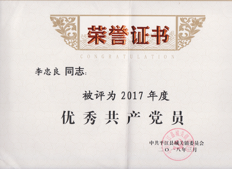 被评为中共平江县城关镇委员会2017年度“优秀共产党员”